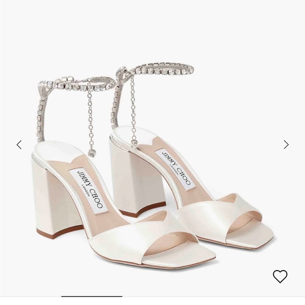 White Satin Crystal-Ankle Strap Heeled Sandals- Yellow App 💛